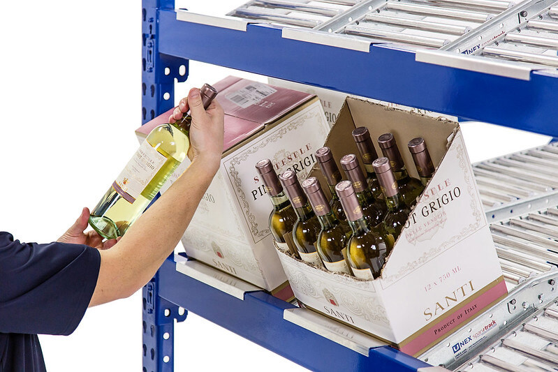 UNEX carton flow rollers for wine bottle storage